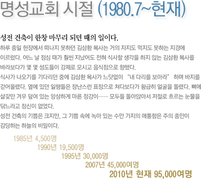 명성교회 시절 (1980.7~현재)-성전 건축이 한창 마무리 되던 때의 일이다. 하루 종일 현장에서 떠나지 못하던 김삼환 목사는 거의 자지도 먹지도 못하는 지경에 이르렀다. 어느 날 점심 때가 훨씬 지났어도 전혀 식사할 생각을 하지 않는 김삼환 목사를 바라보다가 몇 몇 성도들이 강제로 모시고 음식점으로 향했다. 식사가 나오기를 기다리던 중에 김삼환 목사가 느닷없이 “내 다리를 보아라” 하며 바지를 걷어올렸다. 옆에 있던 일행들은 장난스런 표정으로 쳐다보다가 황급히 얼굴을 돌렸다. 뼈에 살갗만 겨우 덮여 있는 앙상하게 마른 정강이…… 모두들 돌아앉아서 저절로 흐르는 눈물을 닦느라고 정신이 없었다. 성전 건축의 기쁨은 크지만, 그 기쁨 속에 녹아 있는 수만 가지의 애통함은 주의 종만이 감당하는 하늘의 비밀이다.985년 4,500명 1990년 19,500명 1995년 30,000명 2007년 45,000여명 2010년 현재 95,000여명